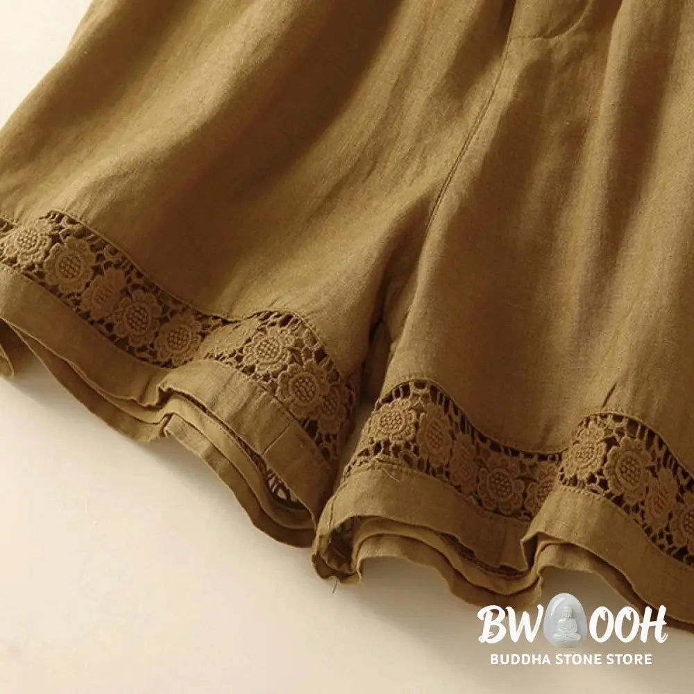 Buddha Stones Plain Color Bottom Hollow Lace Design Lace-up Cotton Women’s Shorts With Pockets - Women’s Shorts