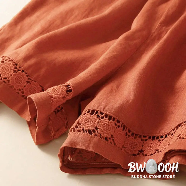 Buddha Stones Plain Color Bottom Hollow Lace Design Lace-up Cotton Women’s Shorts With Pockets - Women’s Shorts