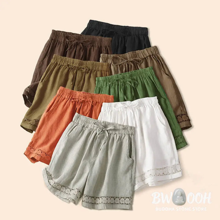 Buddha Stones Plain Color Bottom Hollow Lace Design Lace-up Cotton Women’s Shorts With Pockets - Women’s Shorts