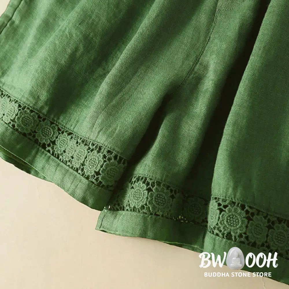 Buddha Stones Plain Color Bottom Hollow Lace Design Lace-up Cotton Women’s Shorts With Pockets - Women’s Shorts