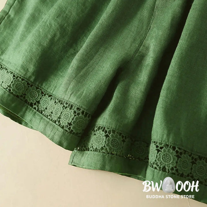 Buddha Stones Plain Color Bottom Hollow Lace Design Lace-up Cotton Women’s Shorts With Pockets - Women’s Shorts
