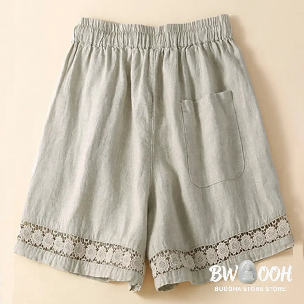 Buddha Stones Plain Color Bottom Hollow Lace Design Lace-up Cotton Women’s Shorts With Pockets - Women’s Shorts