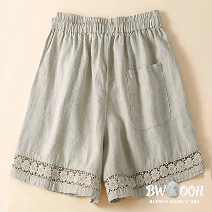 Buddha Stones Plain Color Bottom Hollow Lace Design Lace-up Cotton Women’s Shorts With Pockets - Women’s Shorts