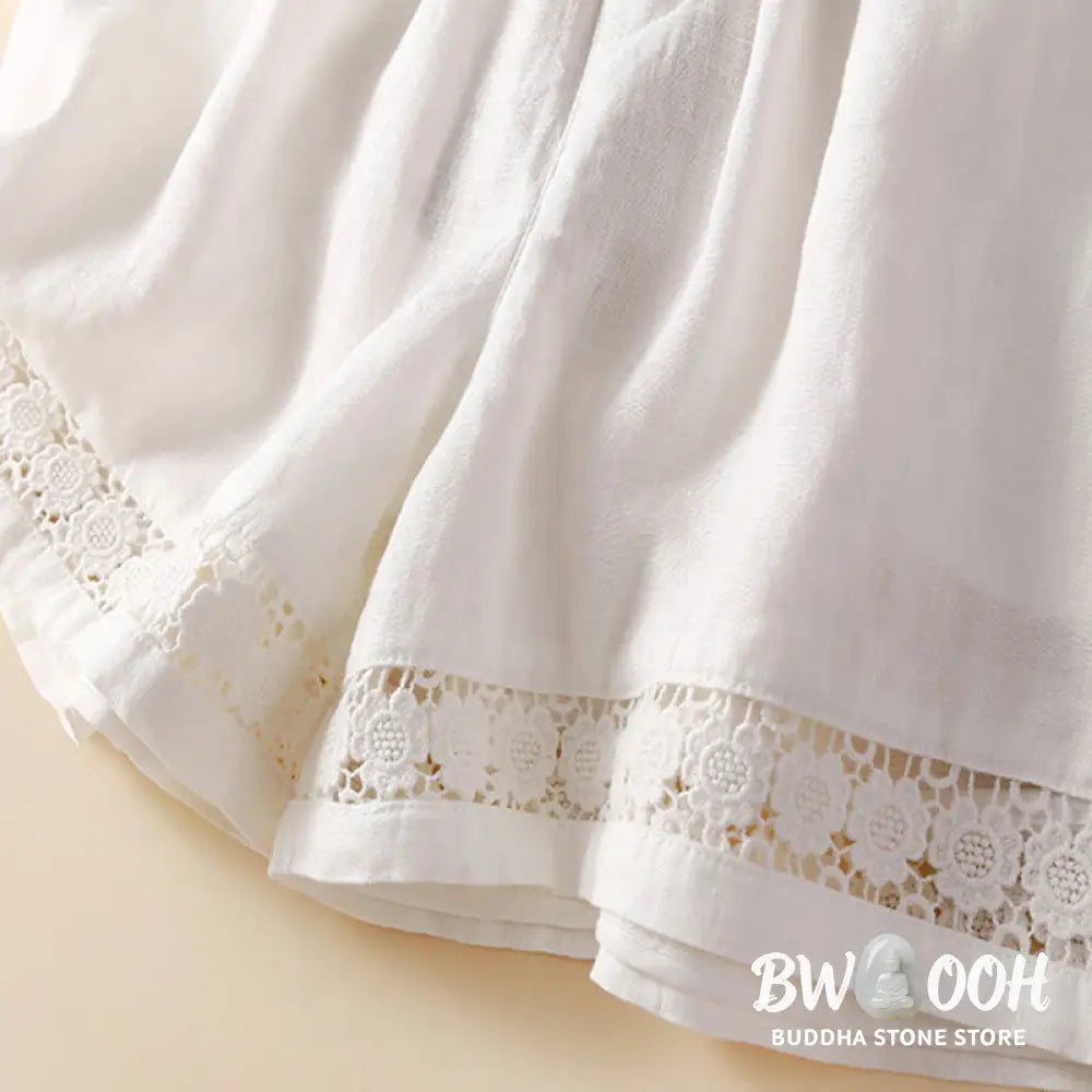Buddha Stones Plain Color Bottom Hollow Lace Design Lace-up Cotton Women’s Shorts With Pockets - Women’s Shorts