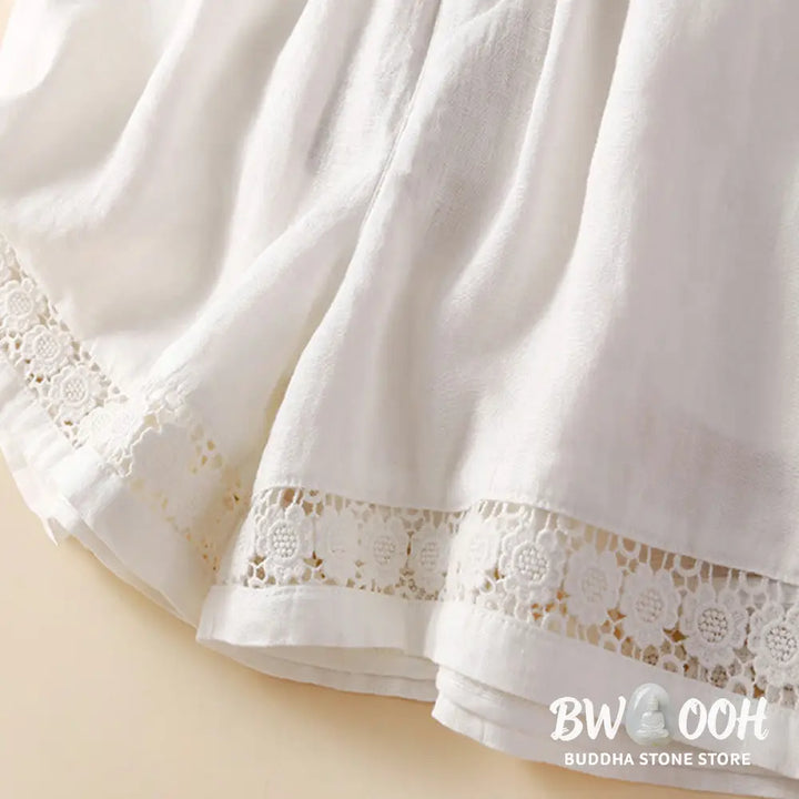Buddha Stones Plain Color Bottom Hollow Lace Design Lace-up Cotton Women’s Shorts With Pockets - Women’s Shorts