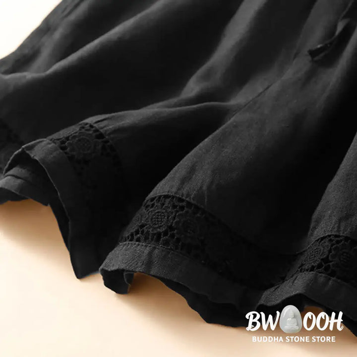 Buddha Stones Plain Color Bottom Hollow Lace Design Lace-up Cotton Women’s Shorts With Pockets - Women’s Shorts