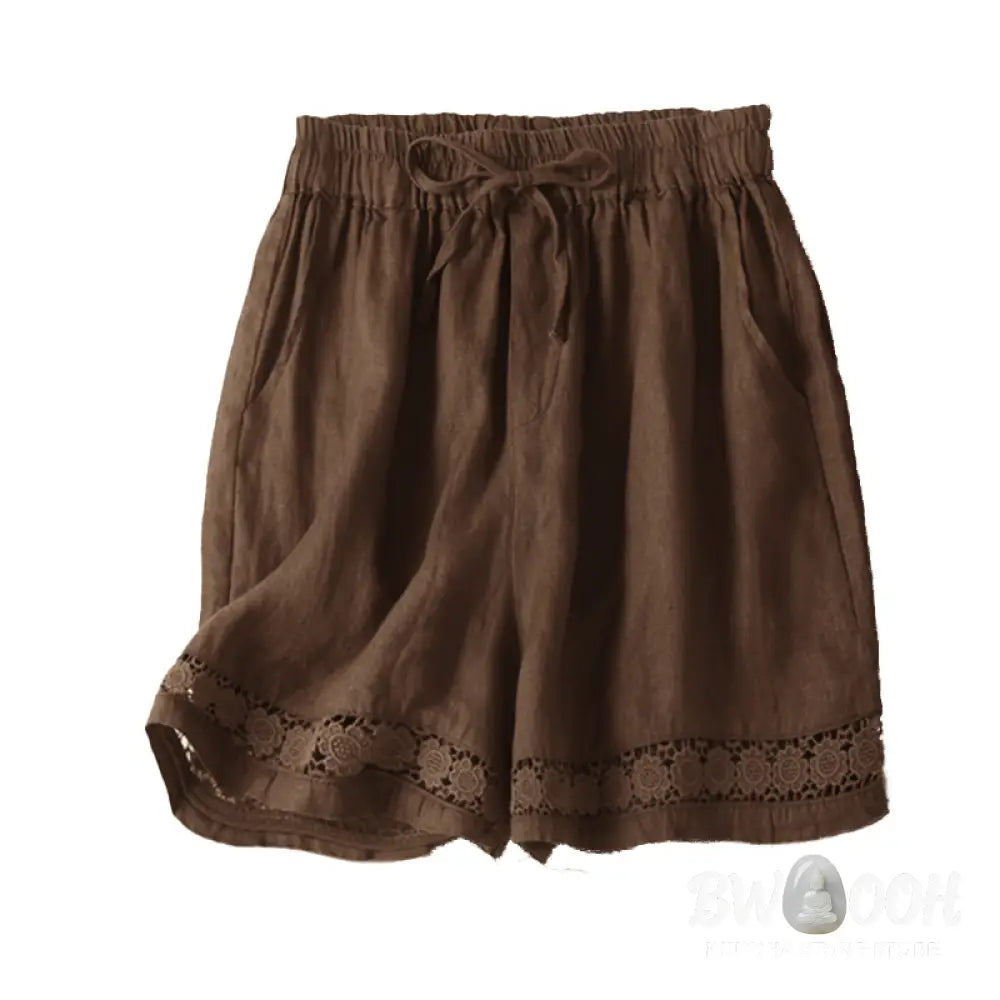 Buddha Stones Plain Color Bottom Hollow Lace Design Lace-up Cotton Women’s Shorts With Pockets - Women’s Shorts