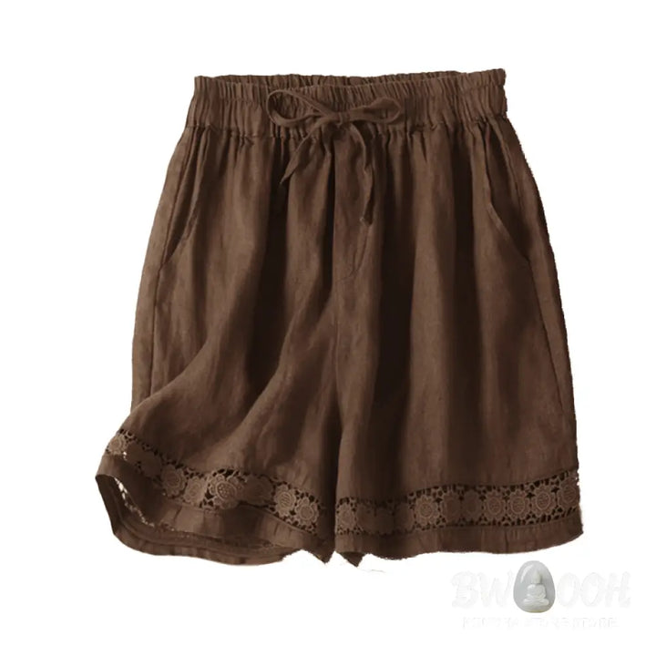 Buddha Stones Plain Color Bottom Hollow Lace Design Lace-up Cotton Women’s Shorts With Pockets - Women’s Shorts