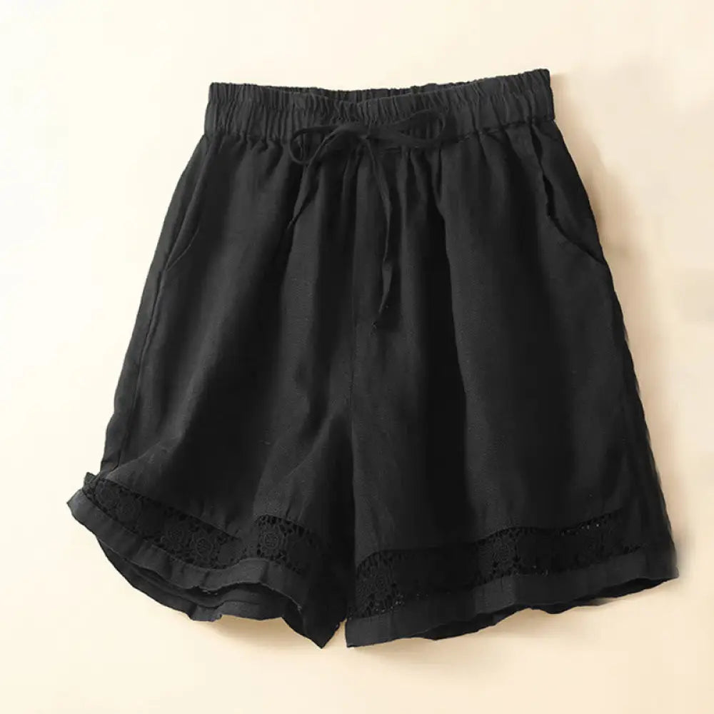 Buddha Stones Plain Color Bottom Hollow Lace Design Lace-up Cotton Women’s Shorts With Pockets - Black