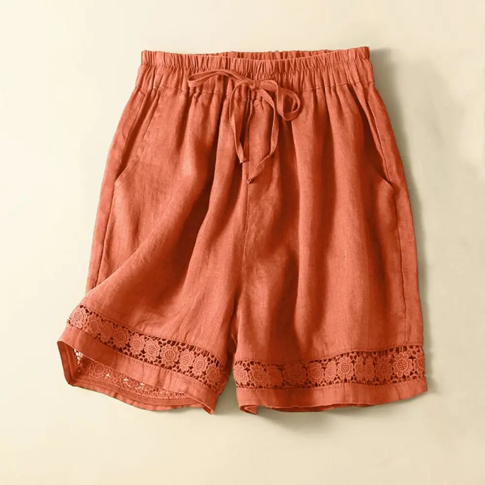 Buddha Stones Plain Color Bottom Hollow Lace Design Lace-up Cotton Women’s Shorts With Pockets - DarkOrange