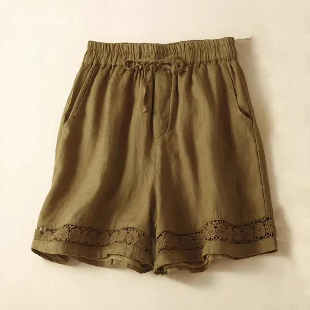 Buddha Stones Plain Color Bottom Hollow Lace Design Lace-up Cotton Women’s Shorts With Pockets - Goldenrod