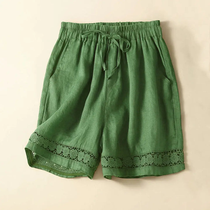 Buddha Stones Plain Color Bottom Hollow Lace Design Lace-up Cotton Women’s Shorts With Pockets - Green
