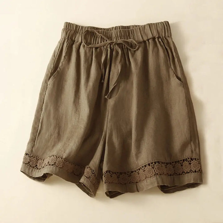 Buddha Stones Plain Color Bottom Hollow Lace Design Lace-up Cotton Women’s Shorts With Pockets - Olive