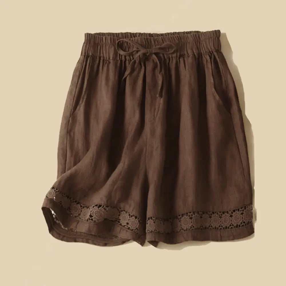 Buddha Stones Plain Color Bottom Hollow Lace Design Lace-up Cotton Women’s Shorts With Pockets - Sienna