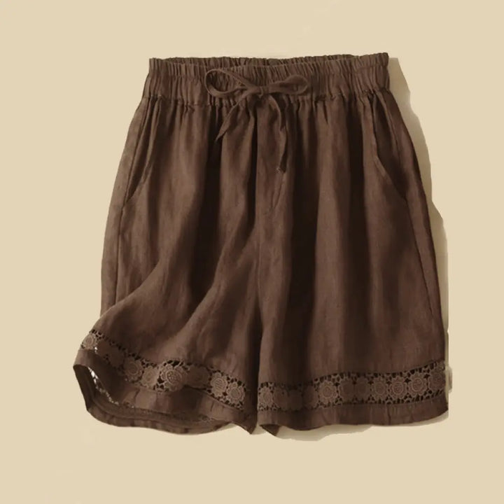 Buddha Stones Plain Color Bottom Hollow Lace Design Lace-up Cotton Women’s Shorts With Pockets - Sienna