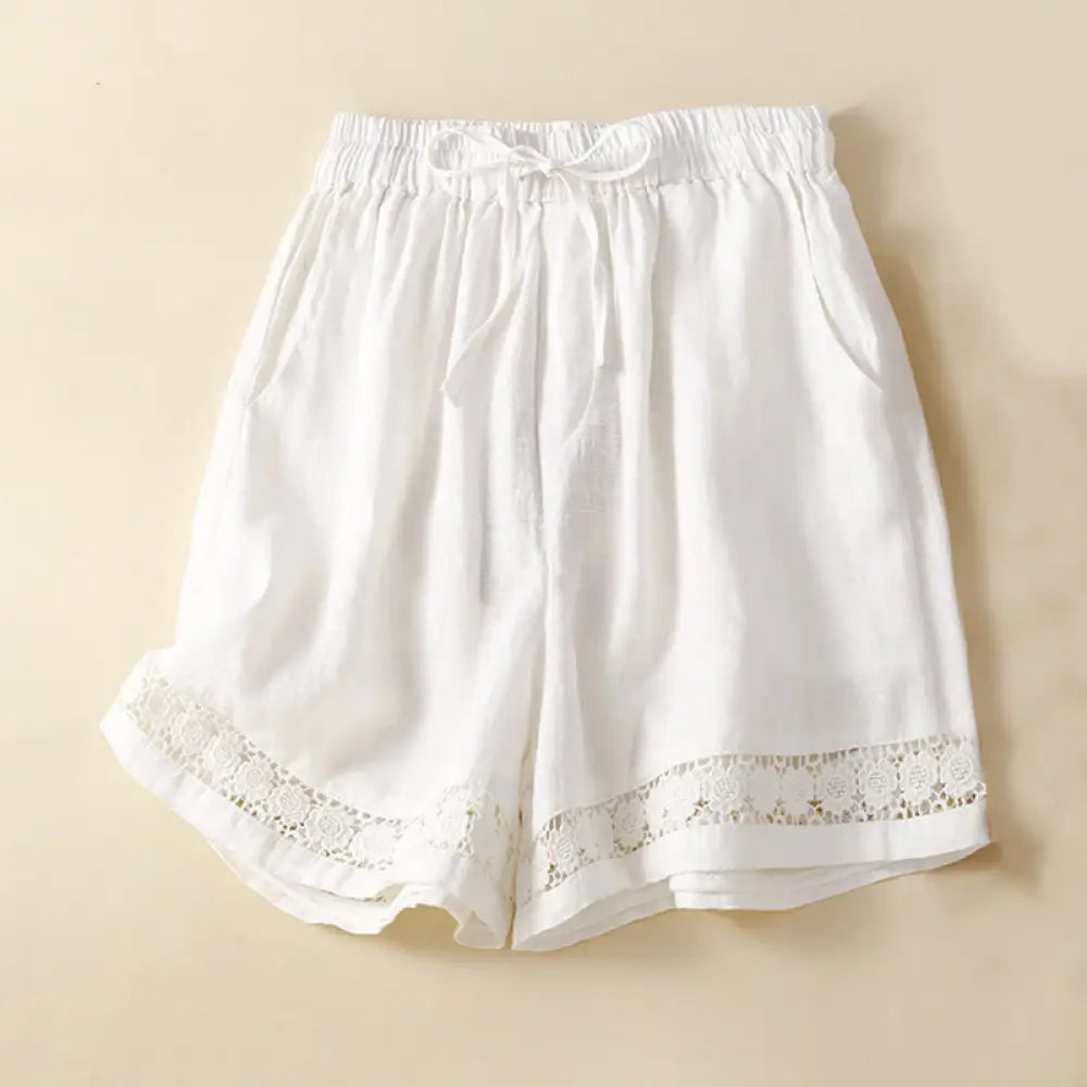 Buddha Stones Plain Color Bottom Hollow Lace Design Lace-up Cotton Women’s Shorts With Pockets - White