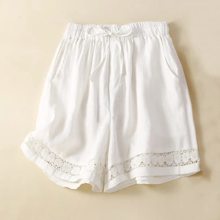 Buddha Stones Plain Color Bottom Hollow Lace Design Lace-up Cotton Women’s Shorts With Pockets - White