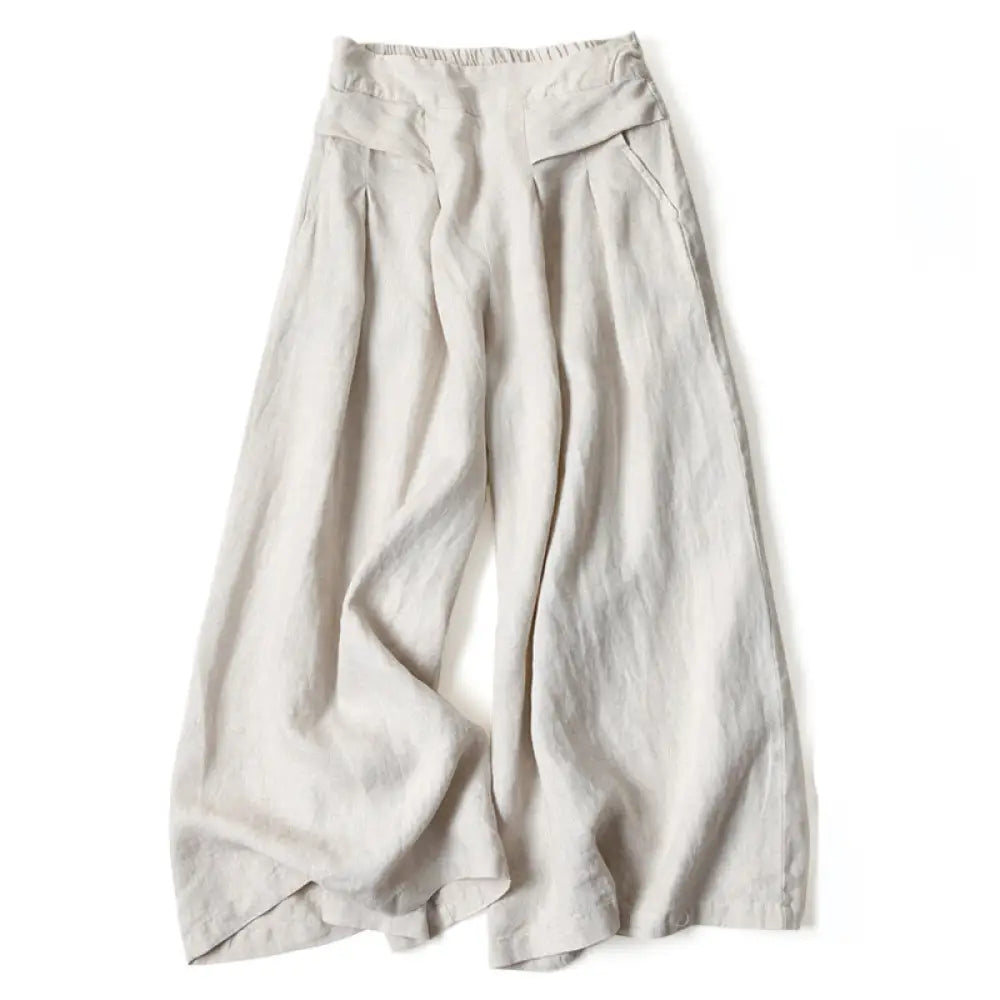 Buddha Stones Plain Color Cotton Linen High Waist Wide Leg Pants With Pockets - Beige / US4，UK/AU8，EU36 (S) - Women&