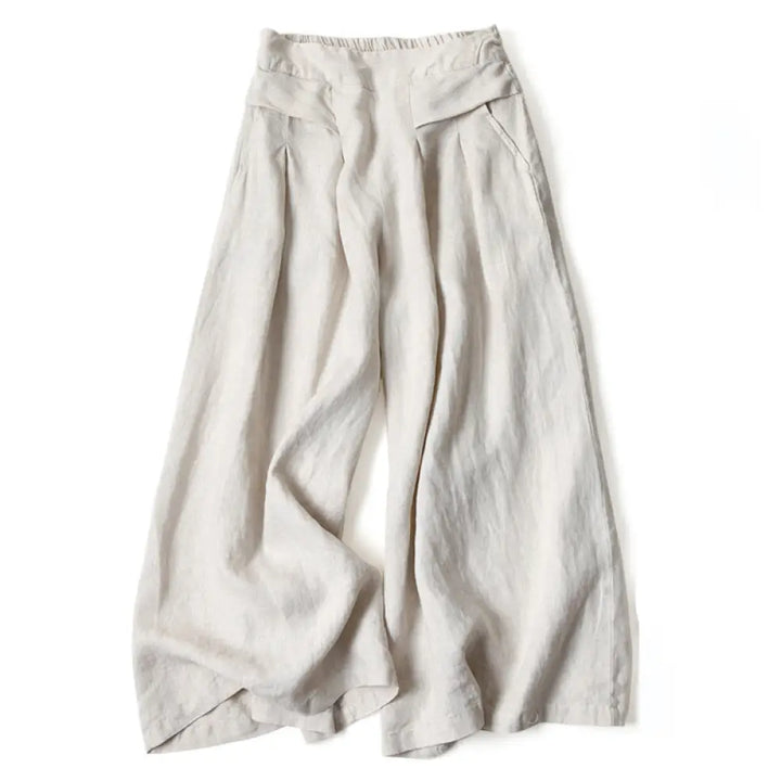 Buddha Stones Plain Color Cotton Linen High Waist Wide Leg Pants With Pockets - Beige / US4，UK/AU8，EU36 (S) - Women&