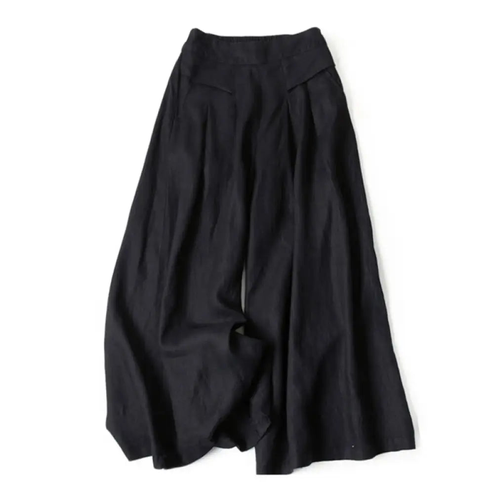 Buddha Stones Plain Color Cotton Linen High Waist Wide Leg Pants With Pockets - Black / US4，UK/AU8，EU36 (S) - Women&