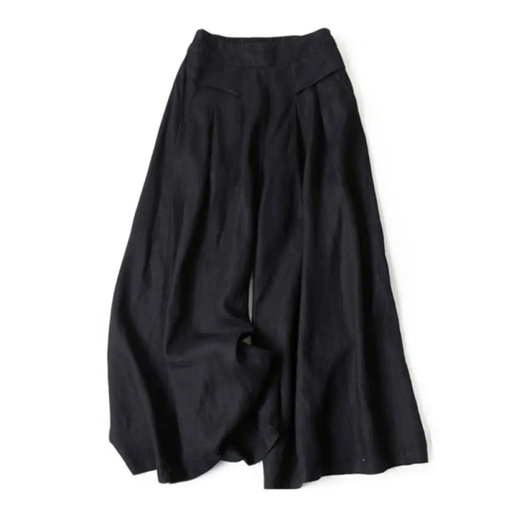 Buddha Stones Plain Color Cotton Linen High Waist Wide Leg Pants With Pockets - Black / US4，UK/AU8，EU36 (S) - Women&