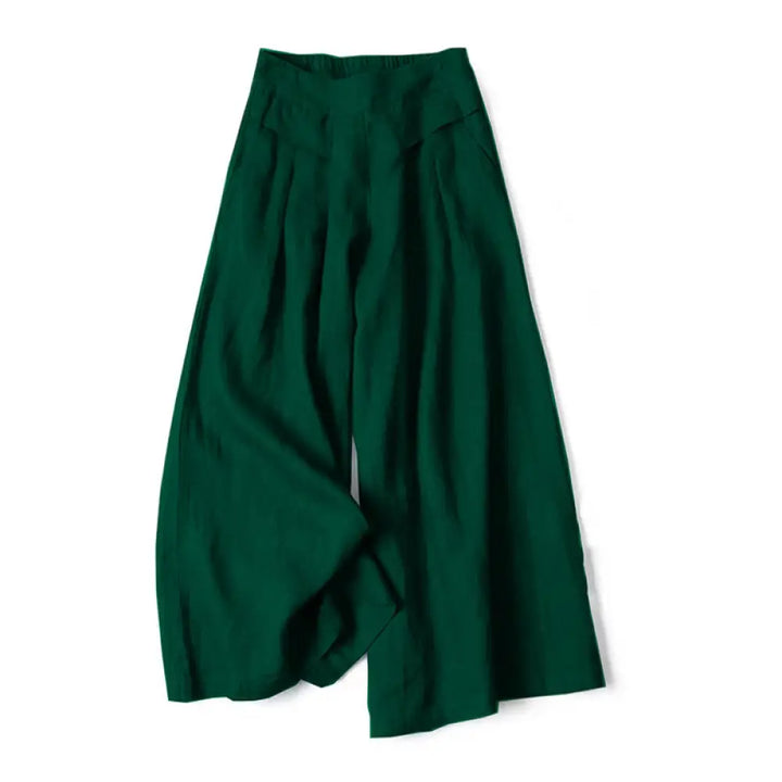 Buddha Stones Plain Color Cotton Linen High Waist Wide Leg Pants With Pockets - DarkGreen / US4，UK/AU8，EU36 (S)