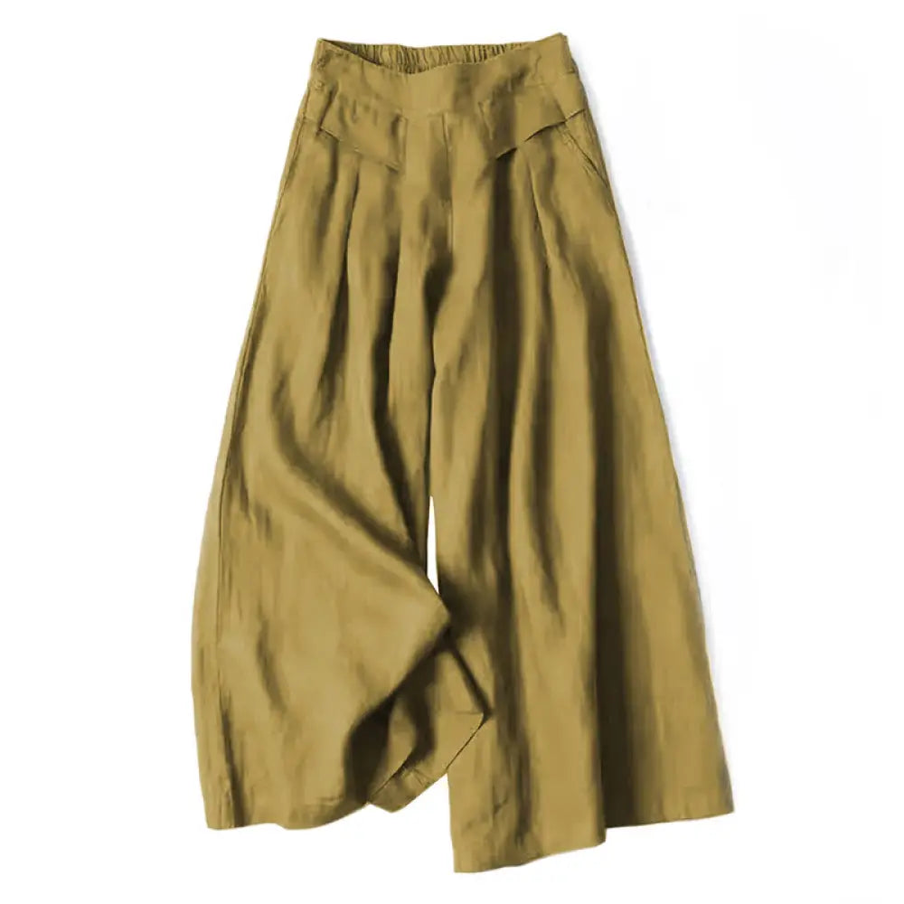 Buddha Stones Plain Color Cotton Linen High Waist Wide Leg Pants With Pockets - DarkKhaki / US4，UK/AU8，EU36 (S)