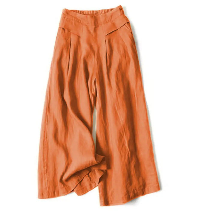 Buddha Stones Plain Color Cotton Linen High Waist Wide Leg Pants With Pockets - Orange / US4，UK/AU8，EU36 (S) - Women&