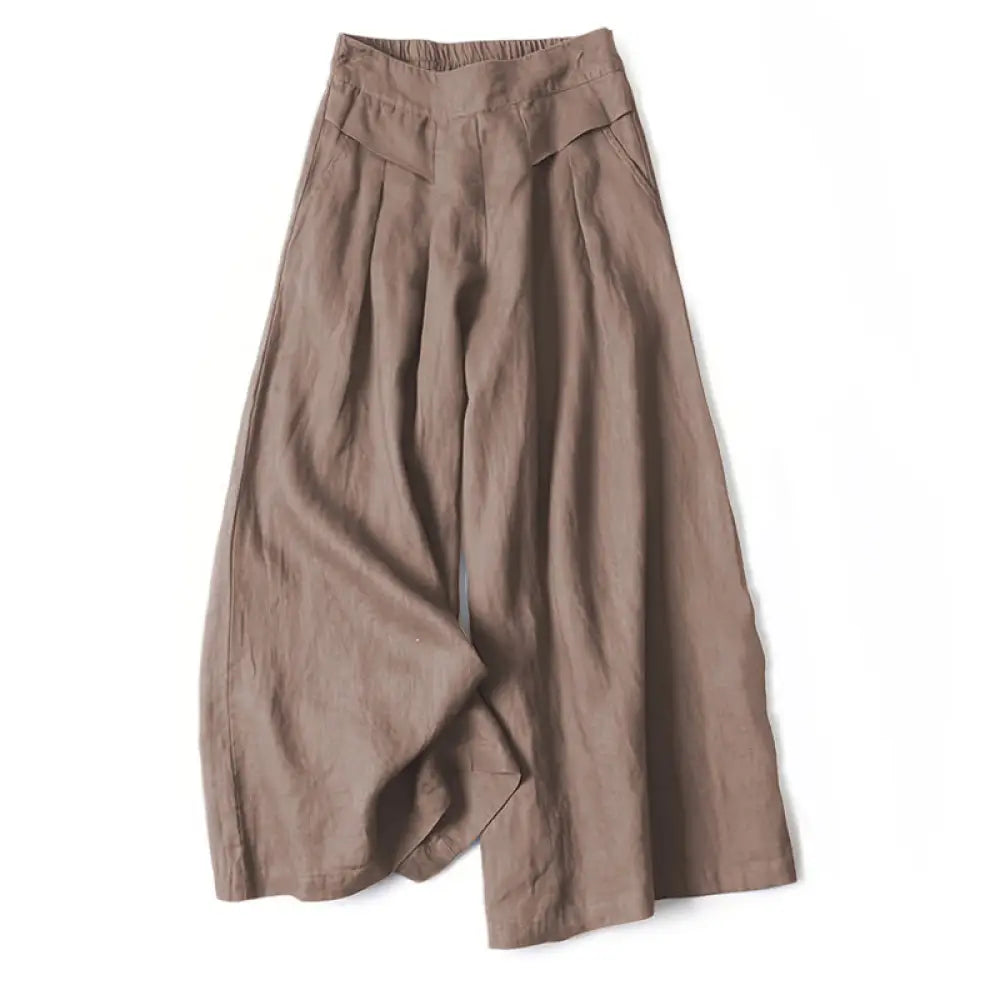 Buddha Stones Plain Color Cotton Linen High Waist Wide Leg Pants With Pockets - Sienna / US4，UK/AU8，EU36 (S) - Women&