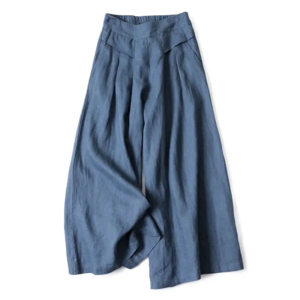 Buddha Stones Plain Color Cotton Linen High Waist Wide Leg Pants With Pockets - SteelBlue / US4，UK/AU8，EU36 (S)