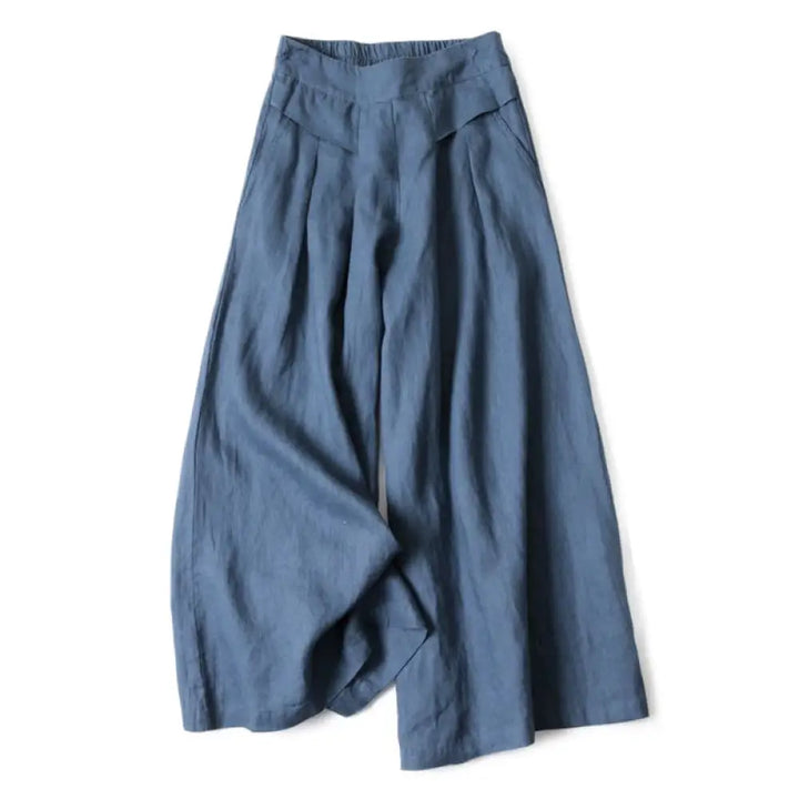 Buddha Stones Plain Color Cotton Linen High Waist Wide Leg Pants With Pockets - SteelBlue / US4，UK/AU8，EU36 (S)