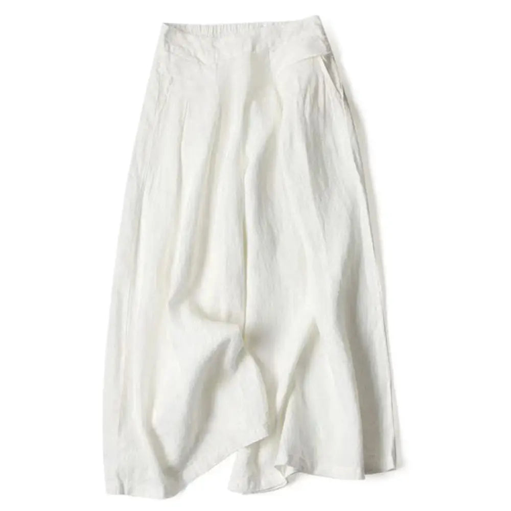 Buddha Stones Plain Color Cotton Linen High Waist Wide Leg Pants With Pockets - White / US4，UK/AU8，EU36 (S) - Women&