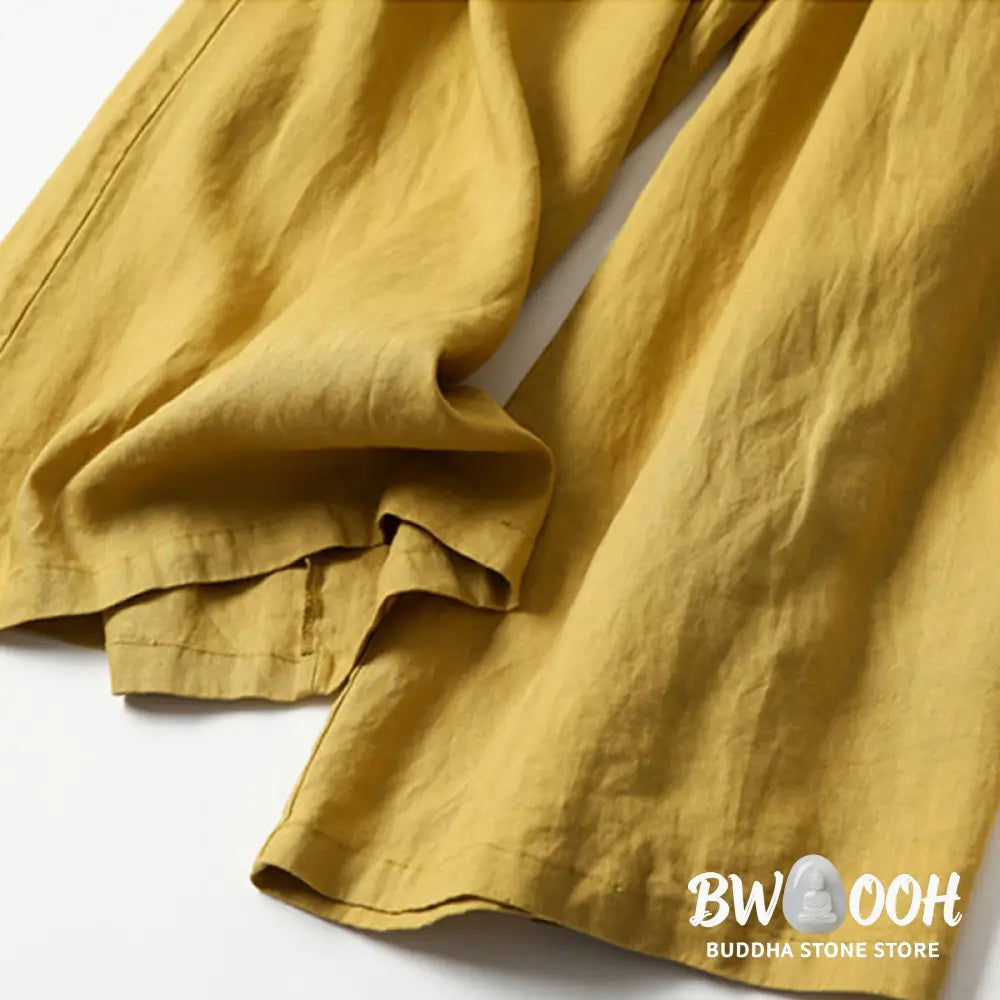 Buddha Stones Plain Color Cotton Linen High Waist Wide Leg Pants With Pockets - Women&
