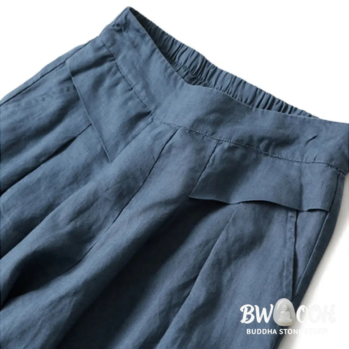 Buddha Stones Plain Color Cotton Linen High Waist Wide Leg Pants With Pockets - Women&