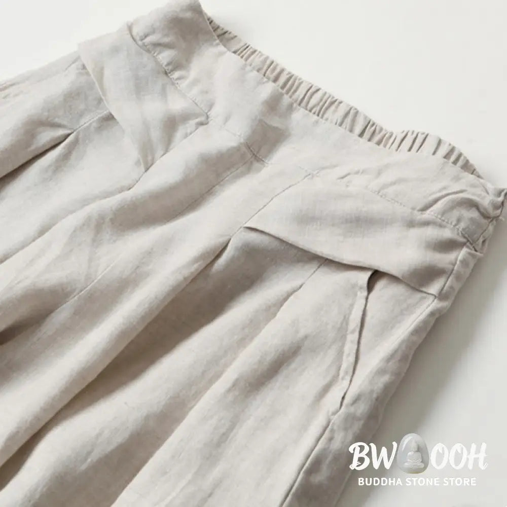 Buddha Stones Plain Color Cotton Linen High Waist Wide Leg Pants With Pockets - Women&