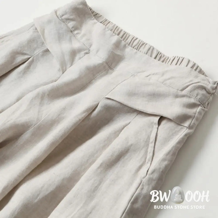 Buddha Stones Plain Color Cotton Linen High Waist Wide Leg Pants With Pockets - Women&