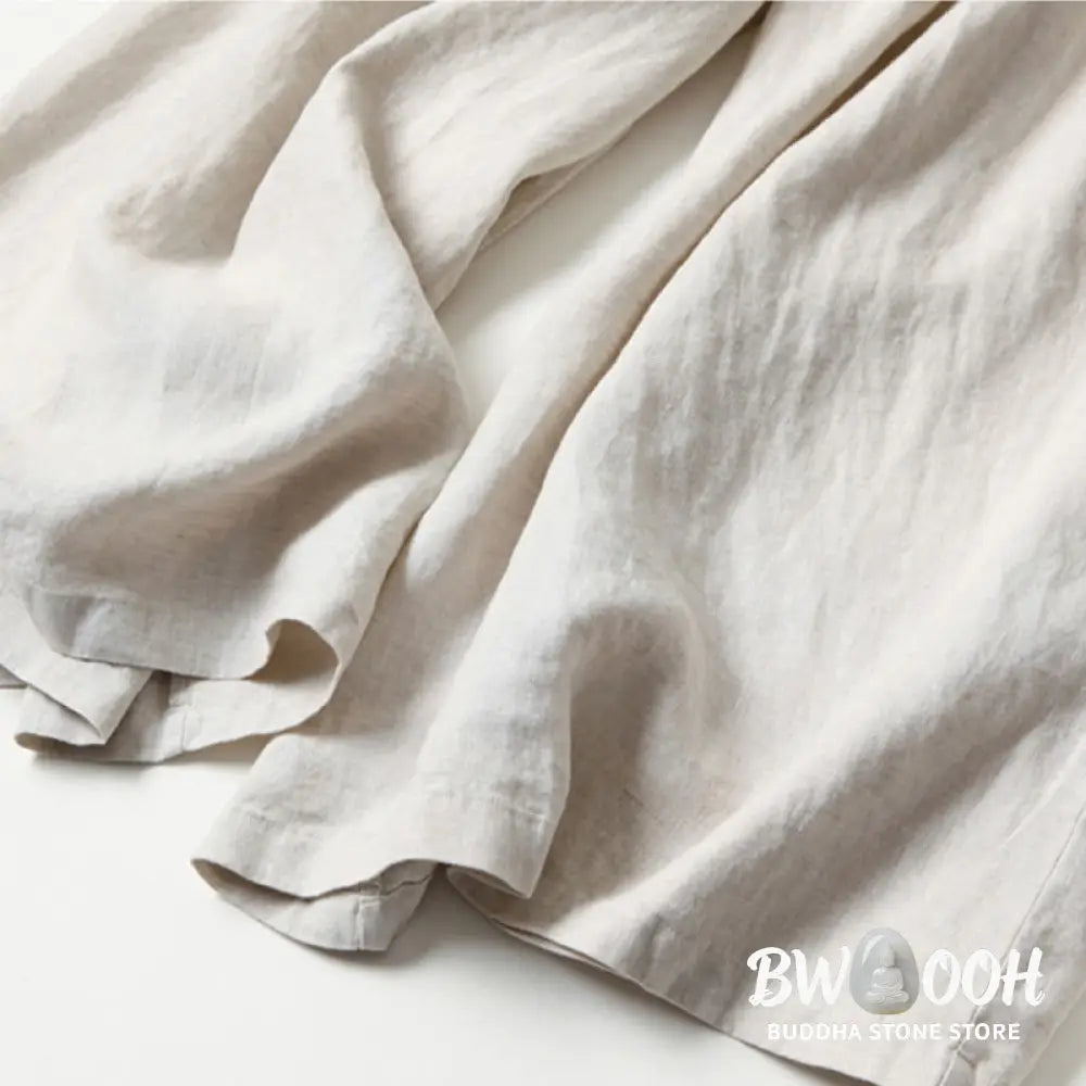 Buddha Stones Plain Color Cotton Linen High Waist Wide Leg Pants With Pockets - Women&