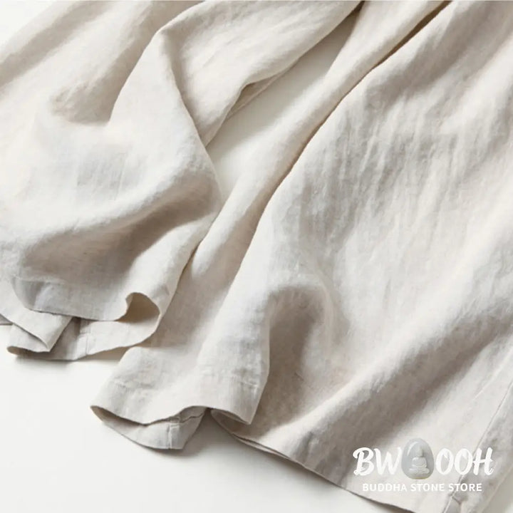 Buddha Stones Plain Color Cotton Linen High Waist Wide Leg Pants With Pockets - Women&