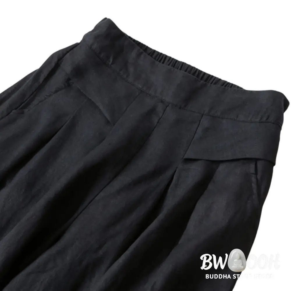 Buddha Stones Plain Color Cotton Linen High Waist Wide Leg Pants With Pockets - Women&