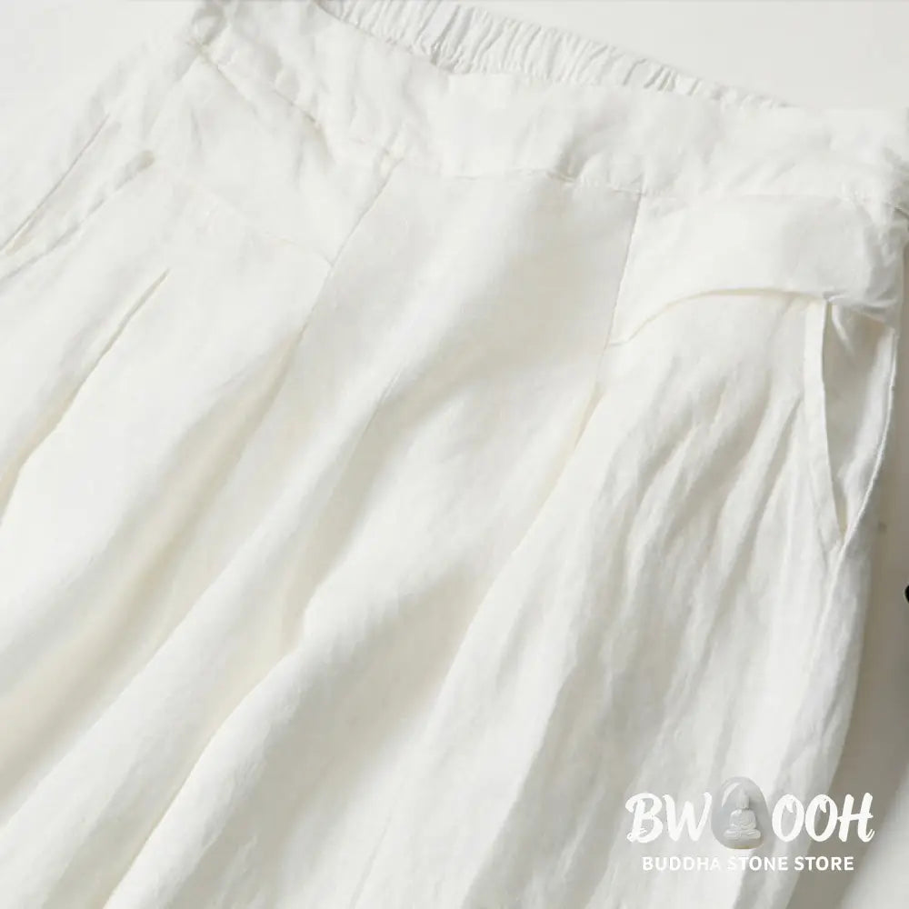 Buddha Stones Plain Color Cotton Linen High Waist Wide Leg Pants With Pockets - Women&