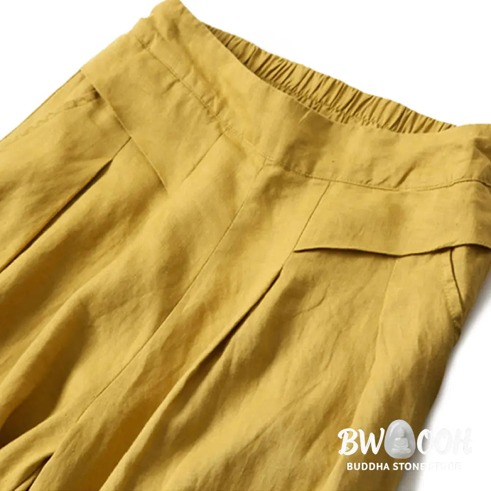 Buddha Stones Plain Color Cotton Linen High Waist Wide Leg Pants With Pockets - Women's Wide Leg Pants