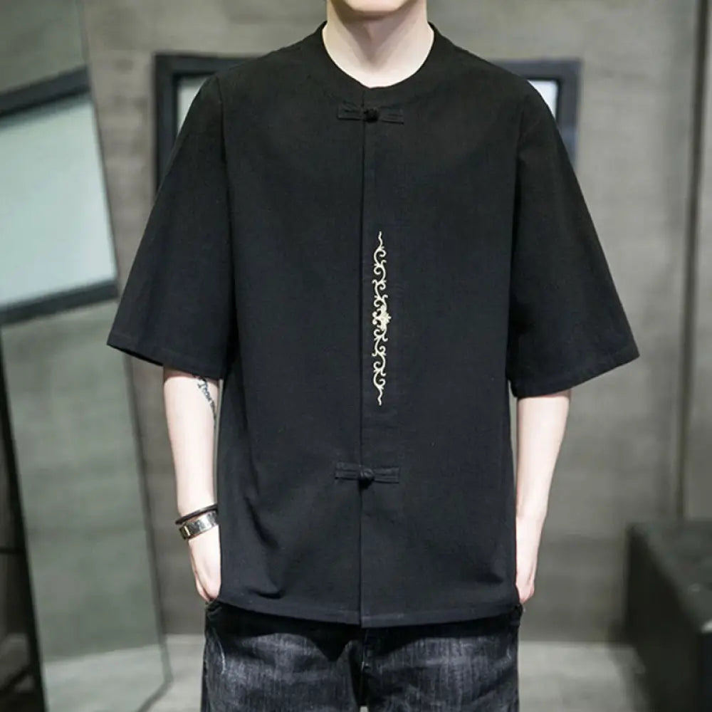 Buddha Stones Plain Color Frog-Button Embroidery Men’s Half Sleeve Cotton Shirt - Black / US/UK/AU34，EU44 (M) - Men’s