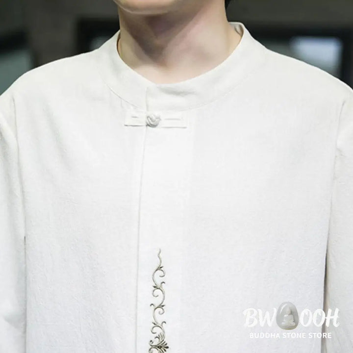 Buddha Stones Plain Color Frog-Button Embroidery Men’s Half Sleeve Cotton Shirt - Men’s Shirts