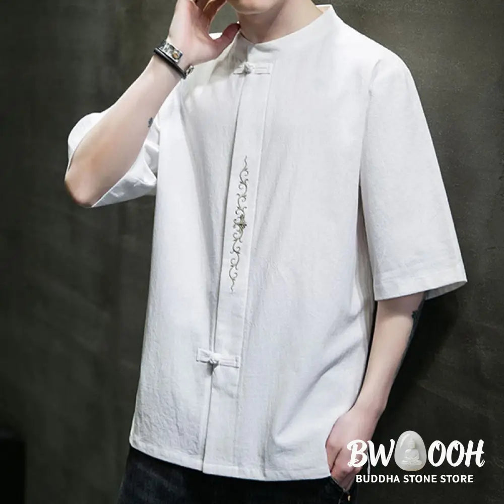 Buddha Stones Plain Color Frog-Button Embroidery Men’s Half Sleeve Cotton Shirt - Men’s Shirts