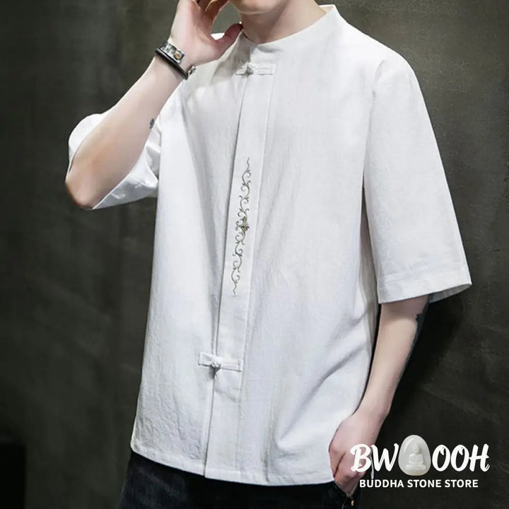 Buddha Stones Plain Color Frog-Button Embroidery Men’s Half Sleeve Cotton Shirt - Men’s Shirts