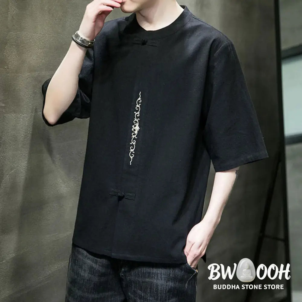 Buddha Stones Plain Color Frog-Button Embroidery Men’s Half Sleeve Cotton Shirt - Men’s Shirts