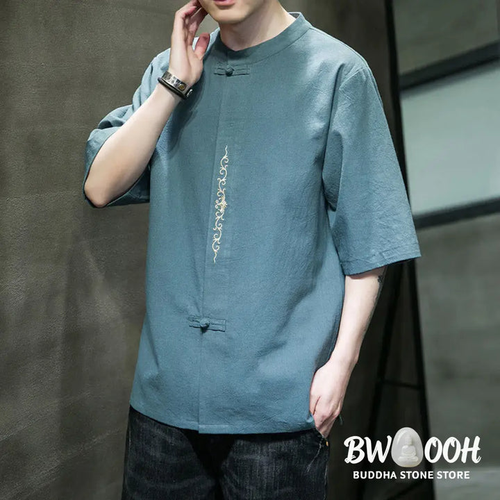 Buddha Stones Plain Color Frog-Button Embroidery Men’s Half Sleeve Cotton Shirt - Men’s Shirts