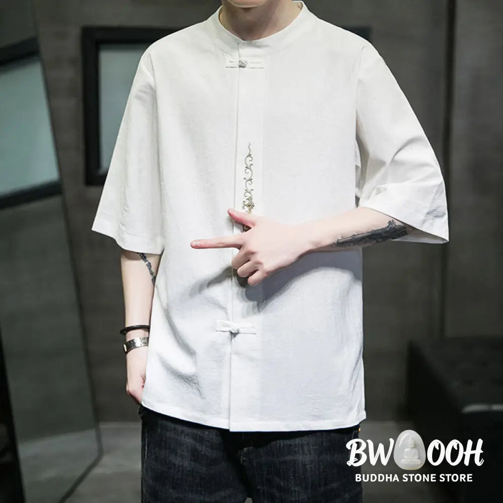 Buddha Stones Plain Color Frog-Button Embroidery Men’s Half Sleeve Cotton Shirt - Men’s Shirts