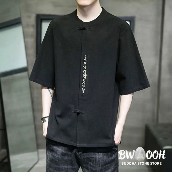 Buddha Stones Plain Color Frog-Button Embroidery Men’s Half Sleeve Cotton Shirt - Men’s Shirts