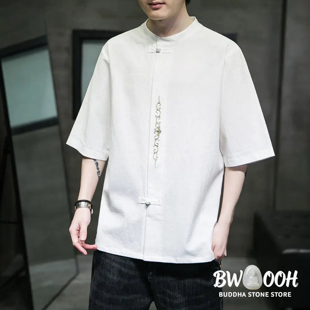 Buddha Stones Plain Color Frog-Button Embroidery Men’s Half Sleeve Cotton Shirt - Men’s Shirts
